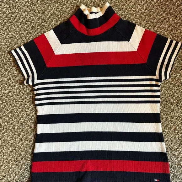Y2K Tommy Hilfiger Top nautical striped White Blue Red high neck - Picture 3 of 6
